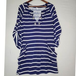 Beach Break swimsuit coverup Med stripes‎ Nautical Pockets Roll Tab Sleeves